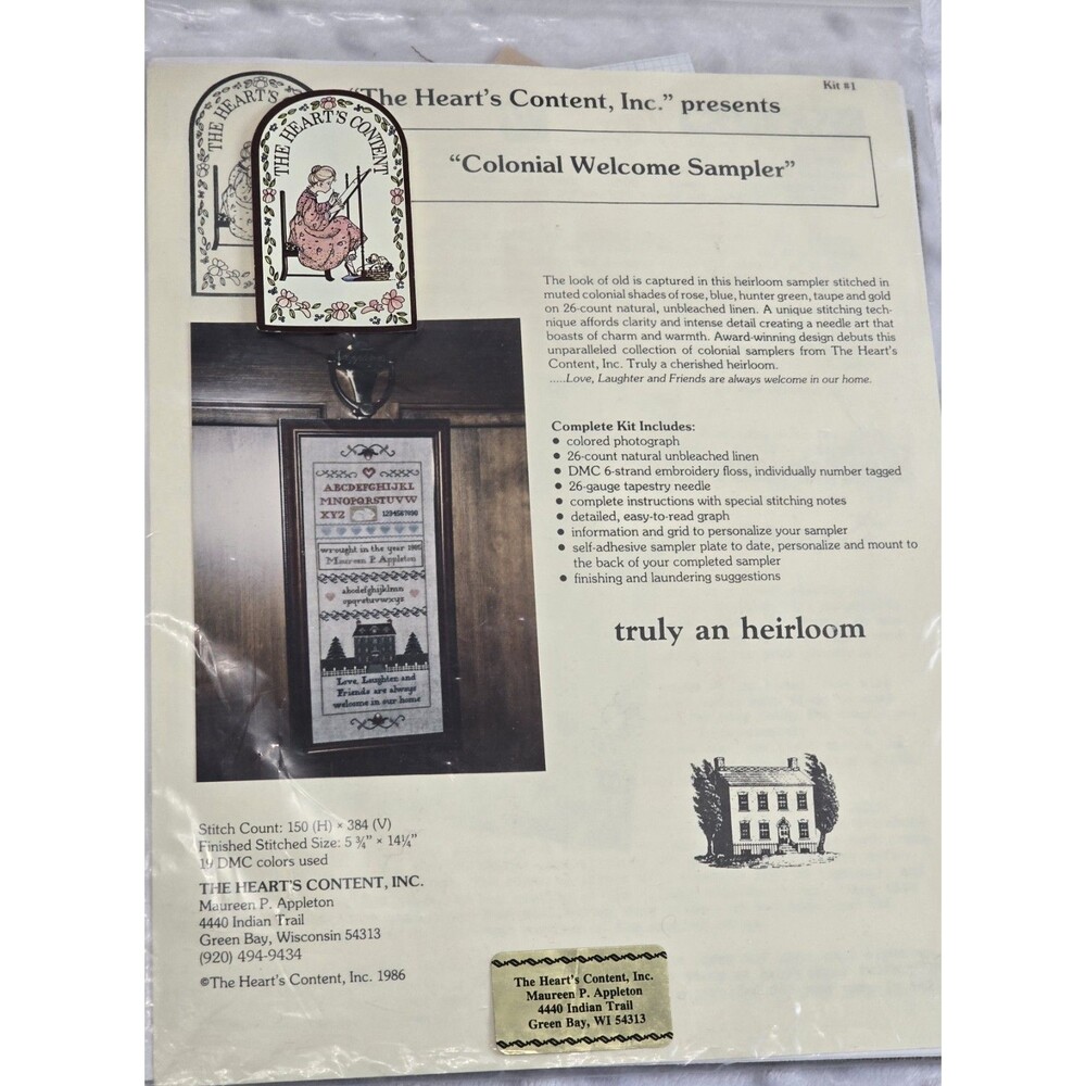 The Heart's Content 1986 Colonial Welcome Sampler New Complete Kit Linen Crafts